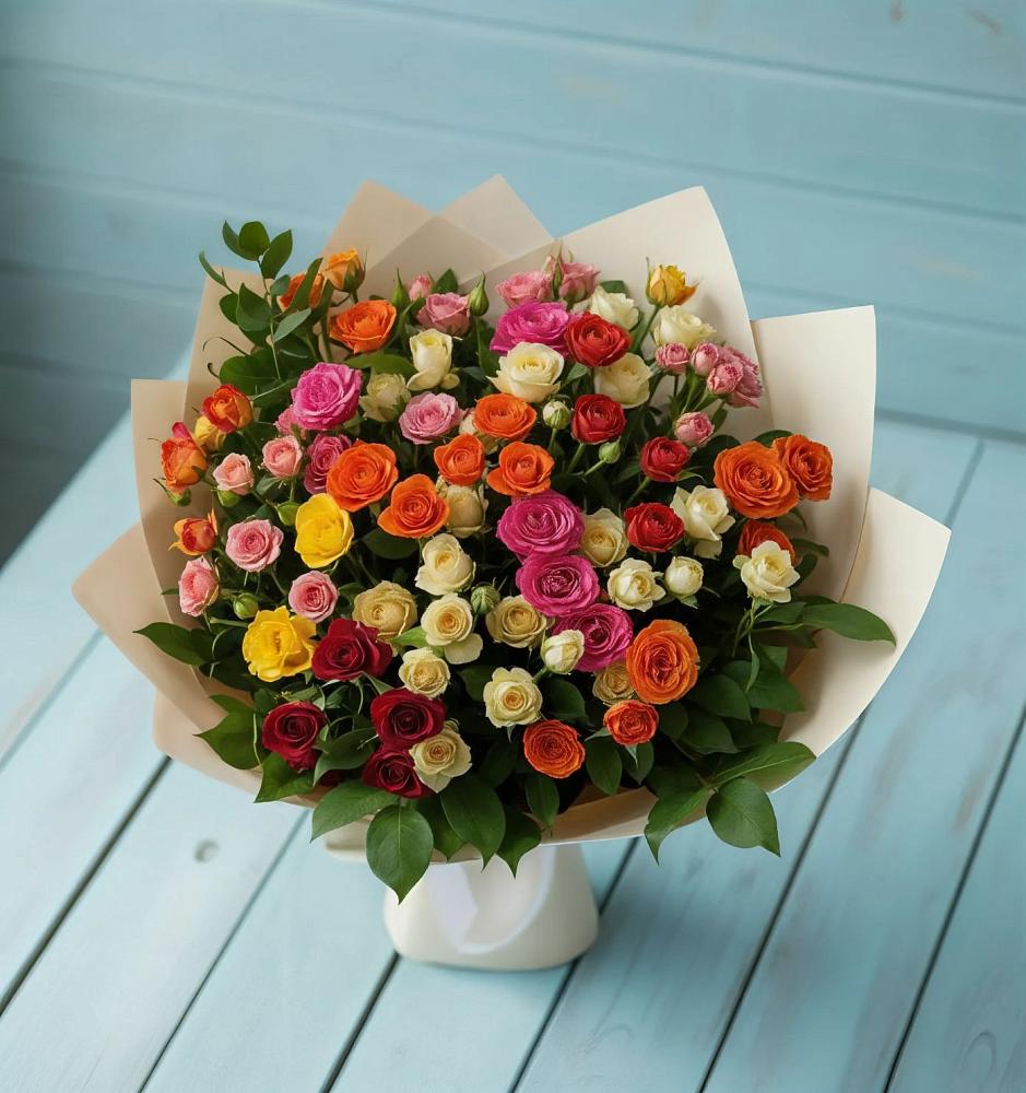 Букет Микс из разноцветных кустовых роз в Сергиевское