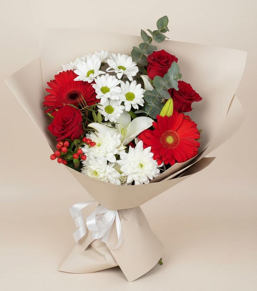 Букет цветов из: Розы, Хризантемы, Герберы и Лилии в Сергиевское